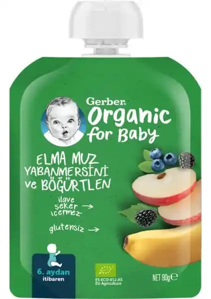 Gerber Organik Elma Muz Yabanmersini ve Böğürtlen Püresi Bebekler İçin Sağlıklı Beslenme Alternatifi