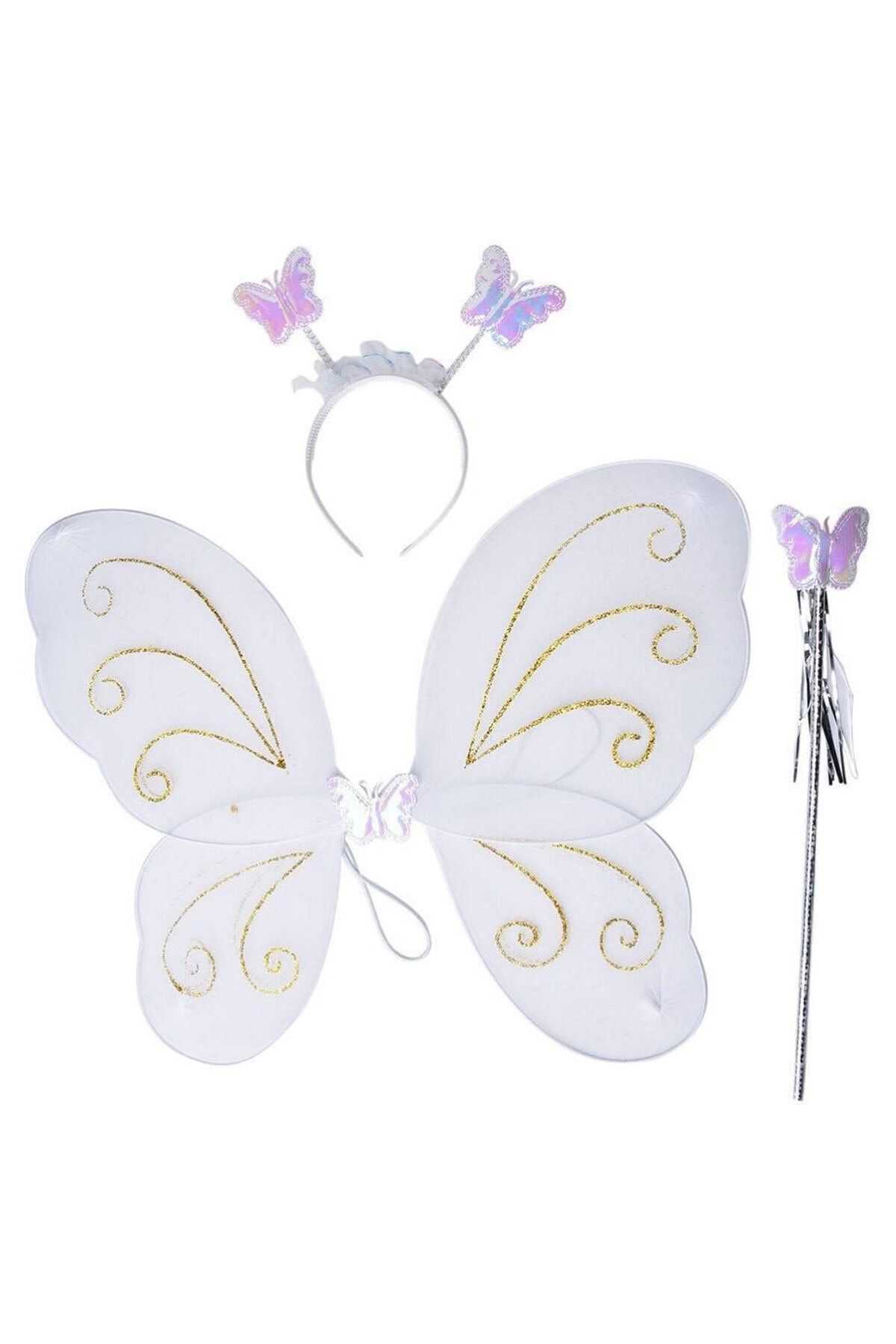 Pandoli Beyaz Renk Kelebek Kanat Set 50 Cm Kanat Asa Taç 3 Lü Set Gösteri